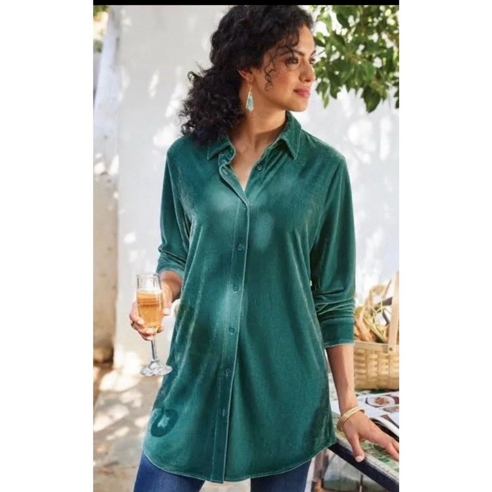 SOFT SURROUNDINGS Velvet Boyfriend Tunic Shirt Porcelain Blue Women's Small $89